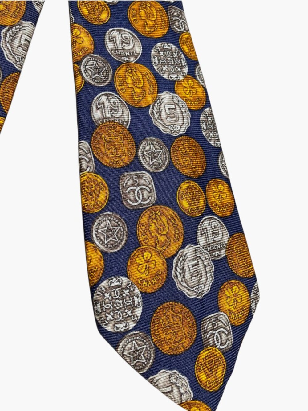 Men's Authentic CHANEL CC Coin Print Silk Neck Tie Blue Gold